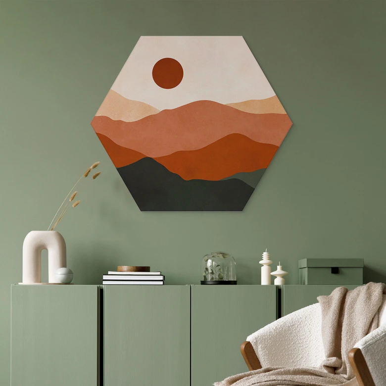 Hexagon Wandbild Sanfte Hügel in der Abendsonne - Costa - Alu-Dibond 