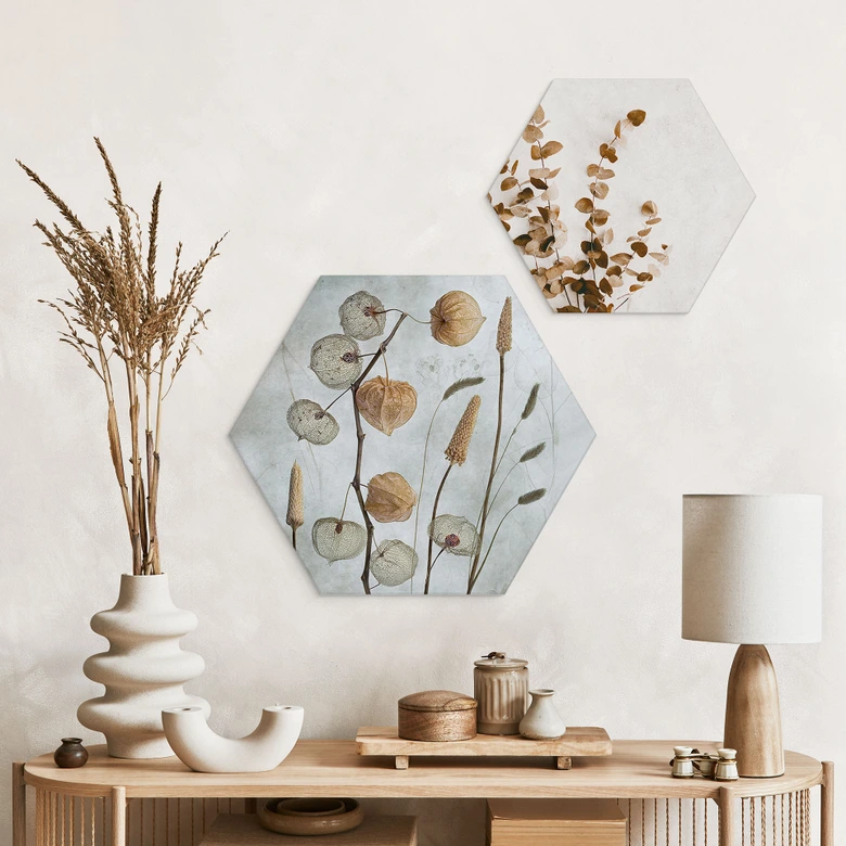 Hexagon Dibond Gedroogde lampionbloemen - Disher 