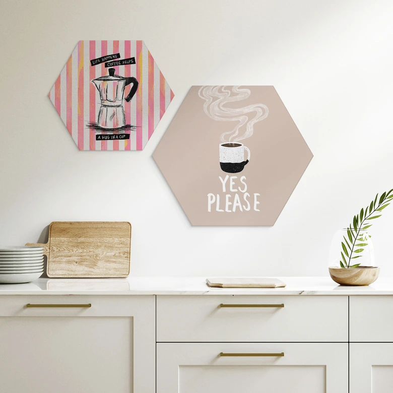 Hexagon Wandbild Heiße Tasse Kaffee am Morgen - EMELIEmaria - Alu-Dibond 