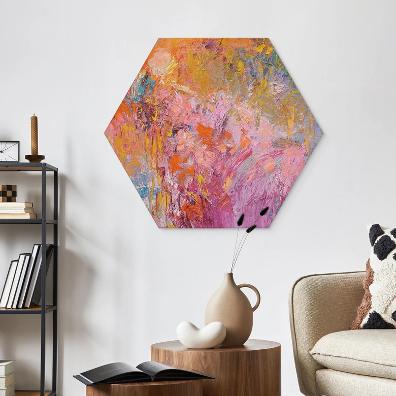 Hexagon Wandbild Abstrakter bunter Rosengarten - Fagan - Alu-Dibond 