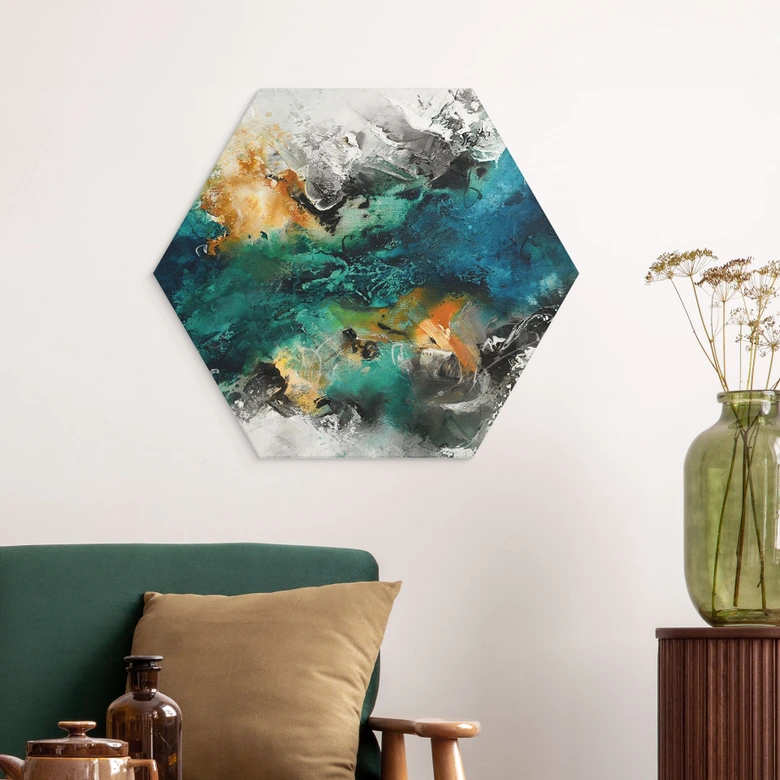 Hexagon Wandbild Farbnebel abstrakt - Fedrau - Alu-Dibond 