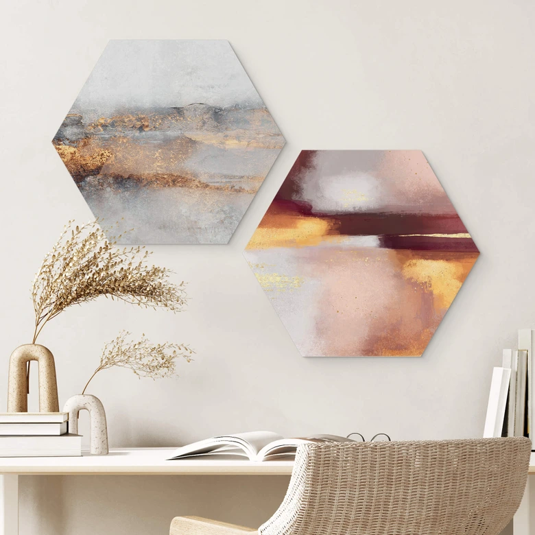 Hexagon Wandbild Fredriksson - Burgunder und Bernstein - Alu-Dibond 