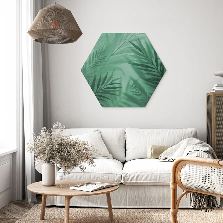 Hexagon Wandbild Grüne Palmenblätter - Alu-Dibond 