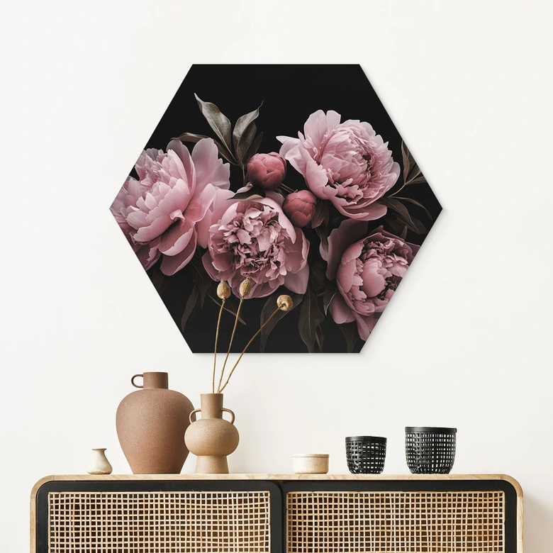 Hexagon Wandbild Pfingstrose rosé - Haase - Alu-Dibond 