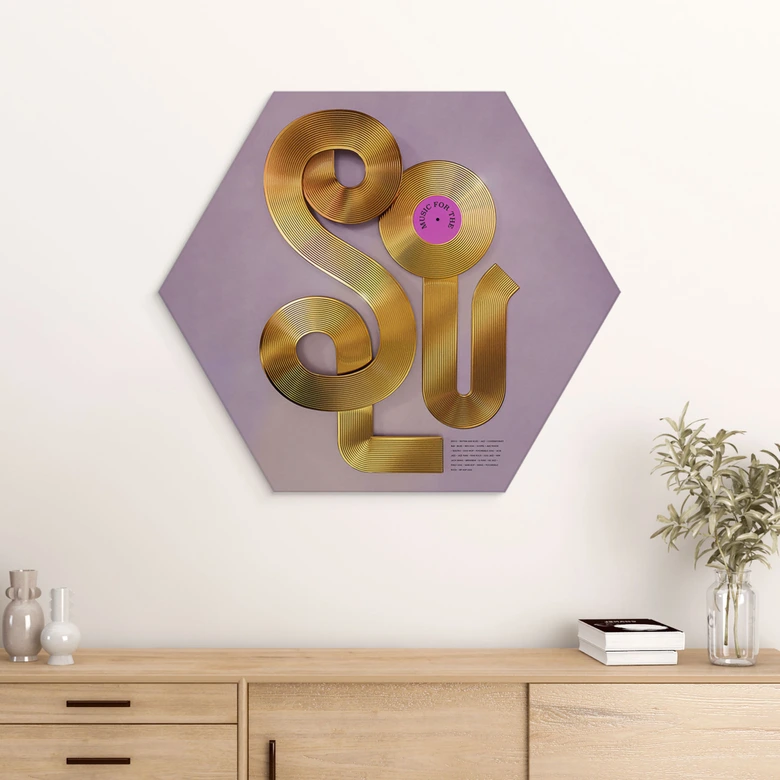 Hexagon Wandbild Soul trifft auf Vinyl - Musik für die Seele - Harrison - Alu-Dibond 