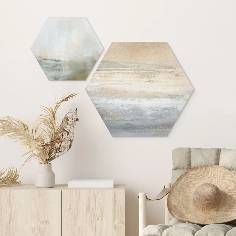 Hexagon Wandbild Gold-graue Landschaft aus Pinselstrichen - Hobday - Alu-Dibond 