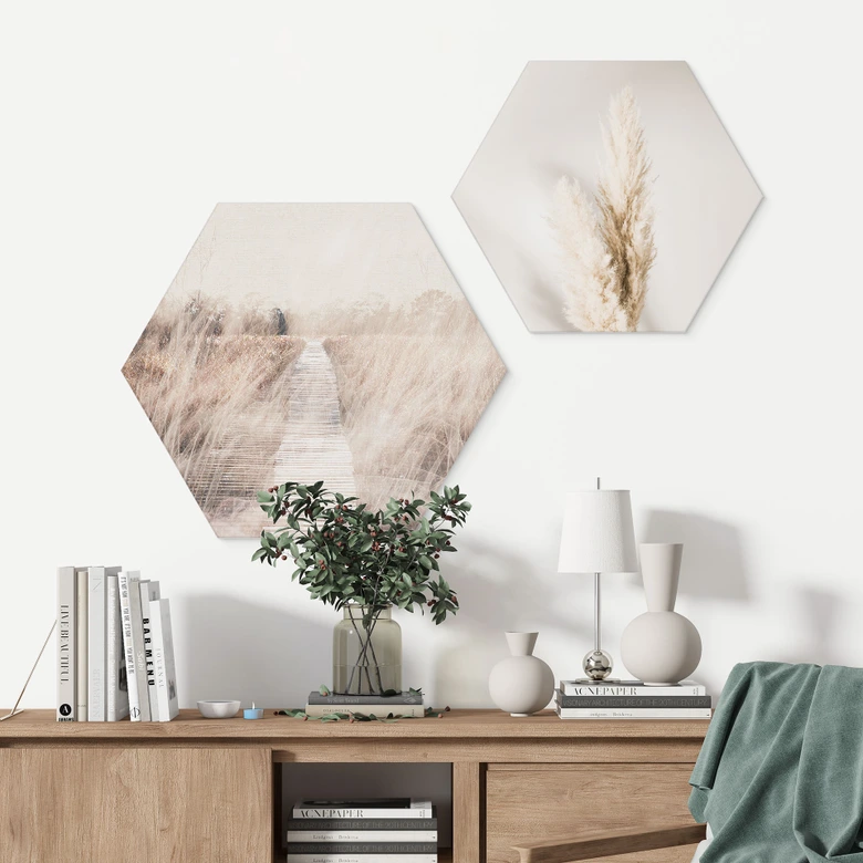 Hexagon Dibond Dromerig landschap met houten loopbrug 