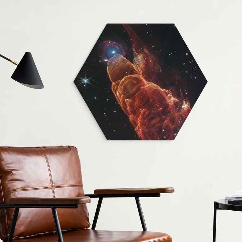 Hexagon Wandbild James Webb Telescope - Kosmischer Wirbelsturm Herbig - Alu-Dibond - Haro 49/50 