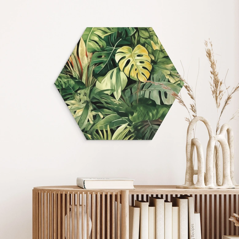Hexagon Wandbild Dschungelpflanzen - Jaszke - Alu-Dibond 