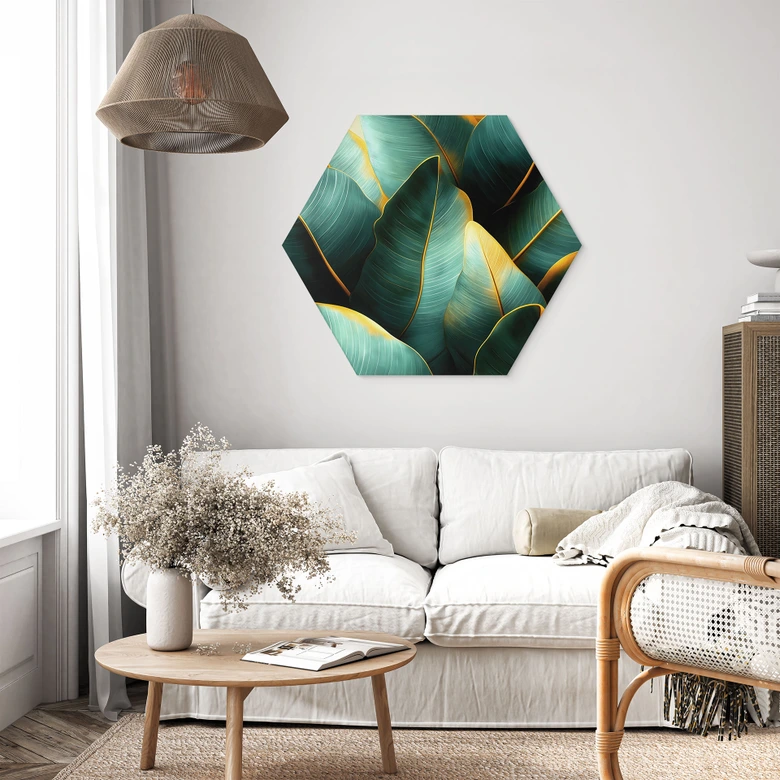 Hexagon Wandbild Exotische Bananenblätter - Jaszke - Alu-Dibond 