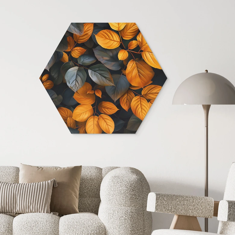 Hexagon Wandbild Leuchtende Blätterpracht im Herbst - Jaszke - Alu-Dibond 