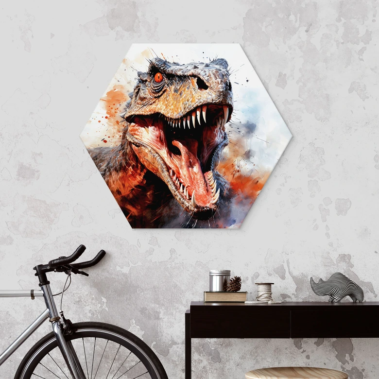 Hexagon Wandbild T-Rex: Das wilde Gesicht der Urzeit - Jaszke - Alu-Dibond 