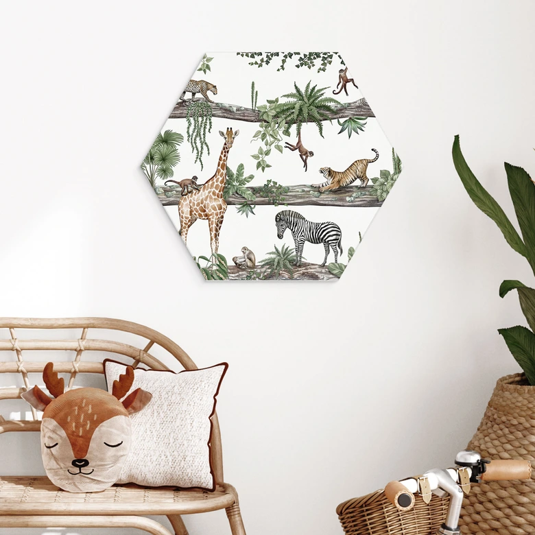 Hexagon Wandbild Afrikanische Tiere im Dschungel - Kikki Belle - Alu-Dibond 