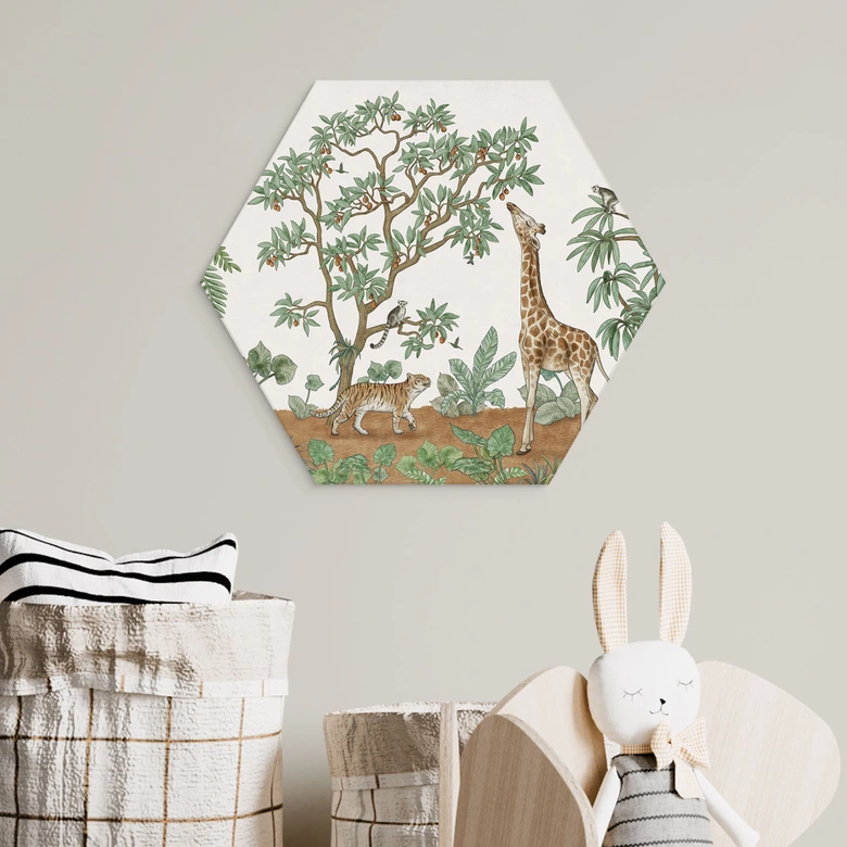 Hexagon Wandbild Wimmelbild Dschungeltiere - Kikki Belle - Alu-Dibond 