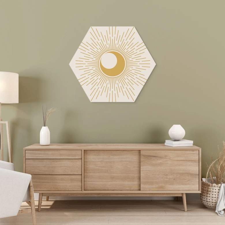Hexagon Wandbild Goldene Sonnenstrahlen - KsanaKalpa - Alu-Dibond 