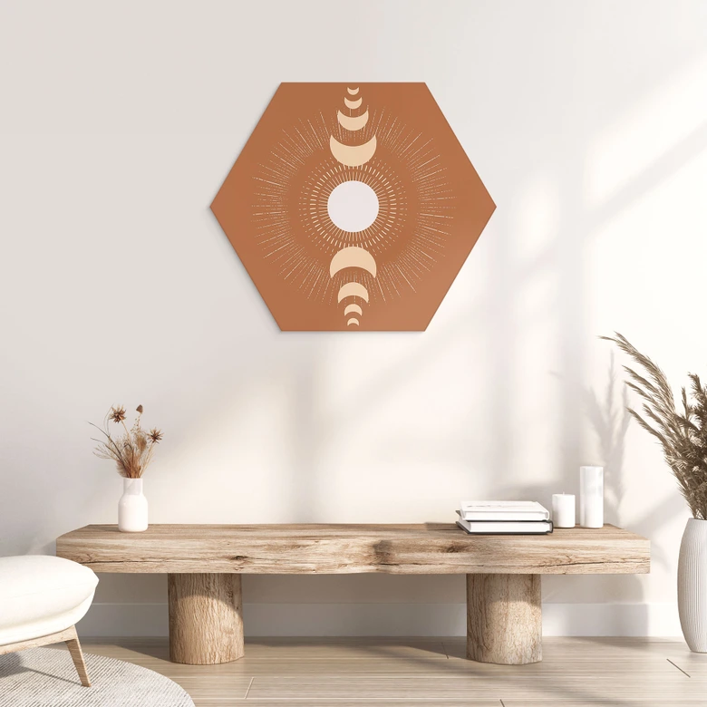 Hexagon Wandbild Mondzyklen - Sonne und Mond im Einklang - KsanaKalpa - Alu-Dibond 