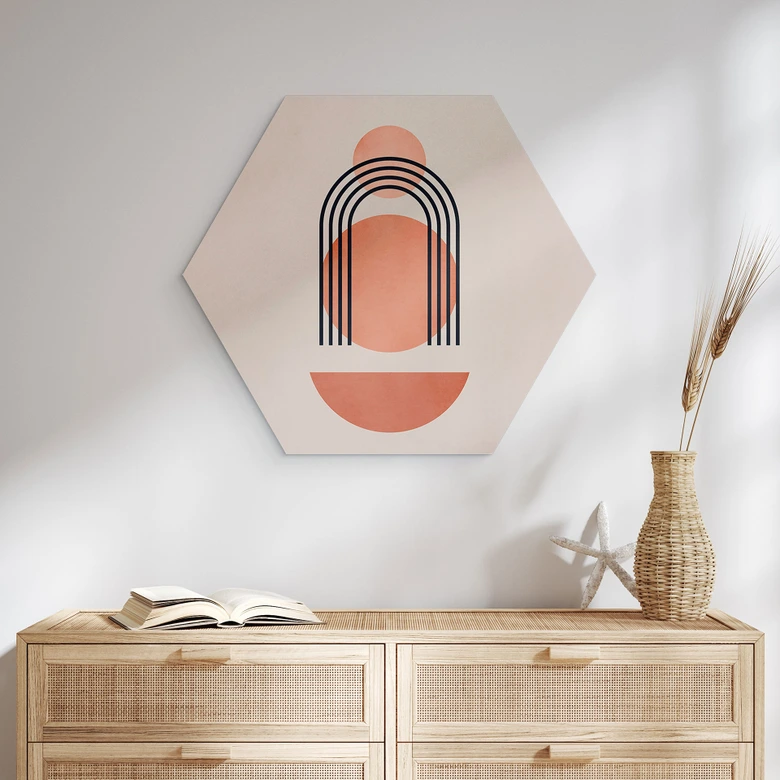 Hexagon Dibond Abstracte geometrie in perzikkleuren - Kubistika 