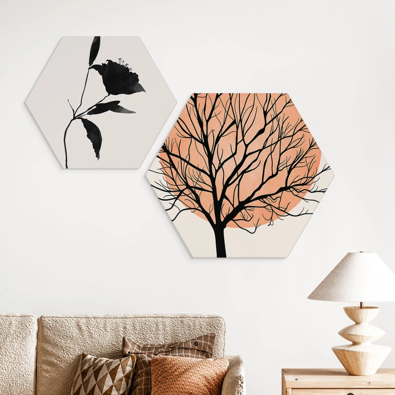 Hexagon Wandbild Apricotfarbene Sonne - Kubistika - Alu-Dibond 