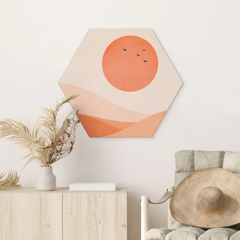 Hexagon Dibond Harmonisk landskab orange - Kubistika 