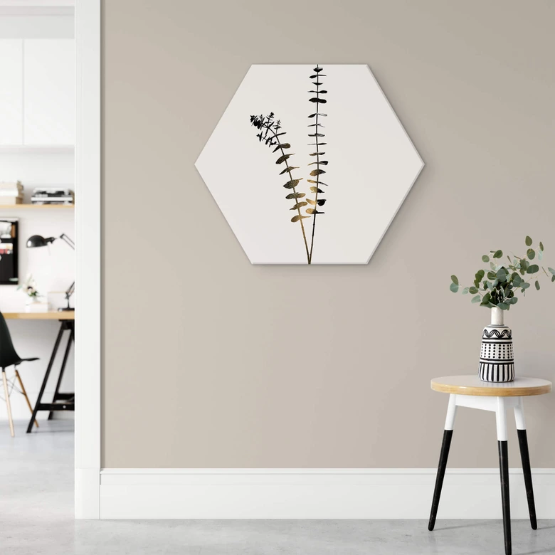 Hexagon - Alu-Dibond Kubistika - Schwarz-Goldener Eukalyptus 