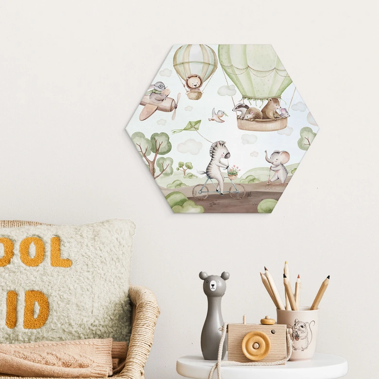 Hexagon Wandbild Ballonfahrt der Tierfreunde - Kvilis - Alu-Dibond 