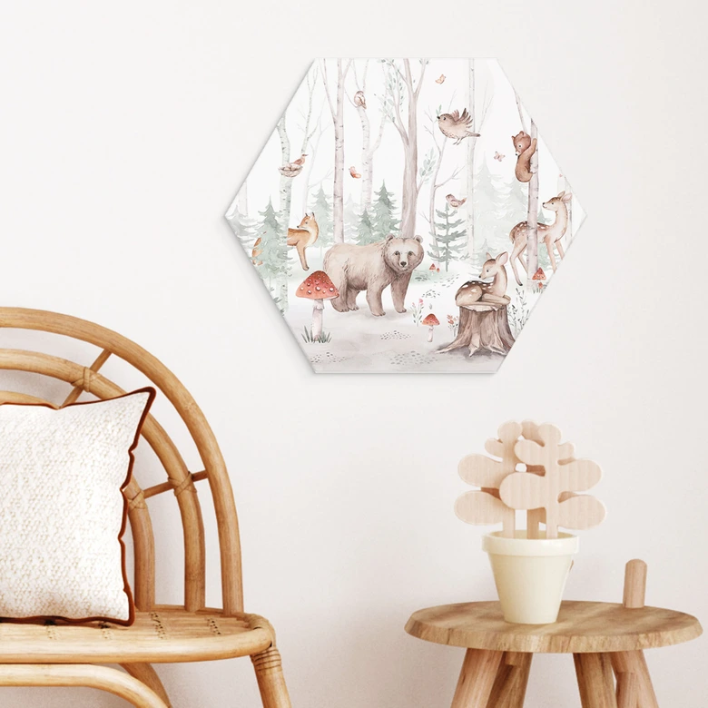 Hexagon Wandbild Waldtiere im Herbst - Kvilis - Alu-Dibond 