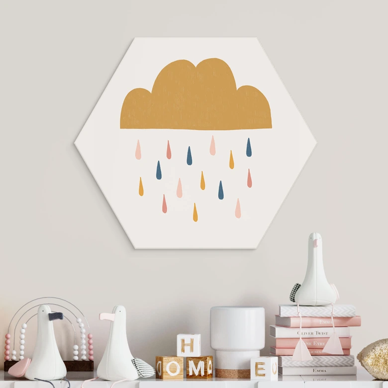 Hexagon Wandbild Fröhlicher Regen in Pastelltönen - Lisboa - Alu-Dibond 