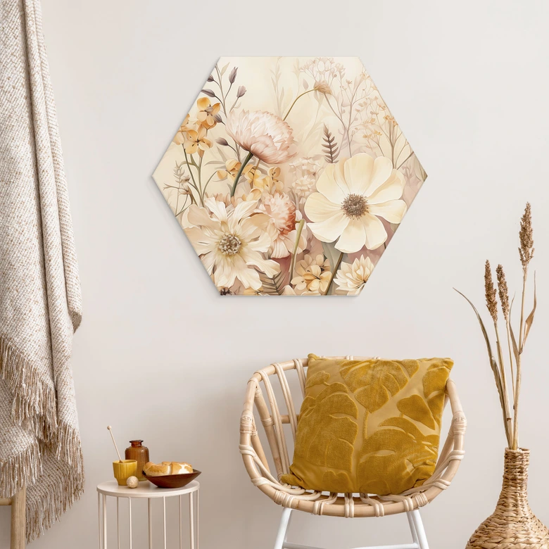 Hexagon Wandbild Vintage Blütenpracht auf der Wiese - Lola Peacock - Alu-Dibond 
