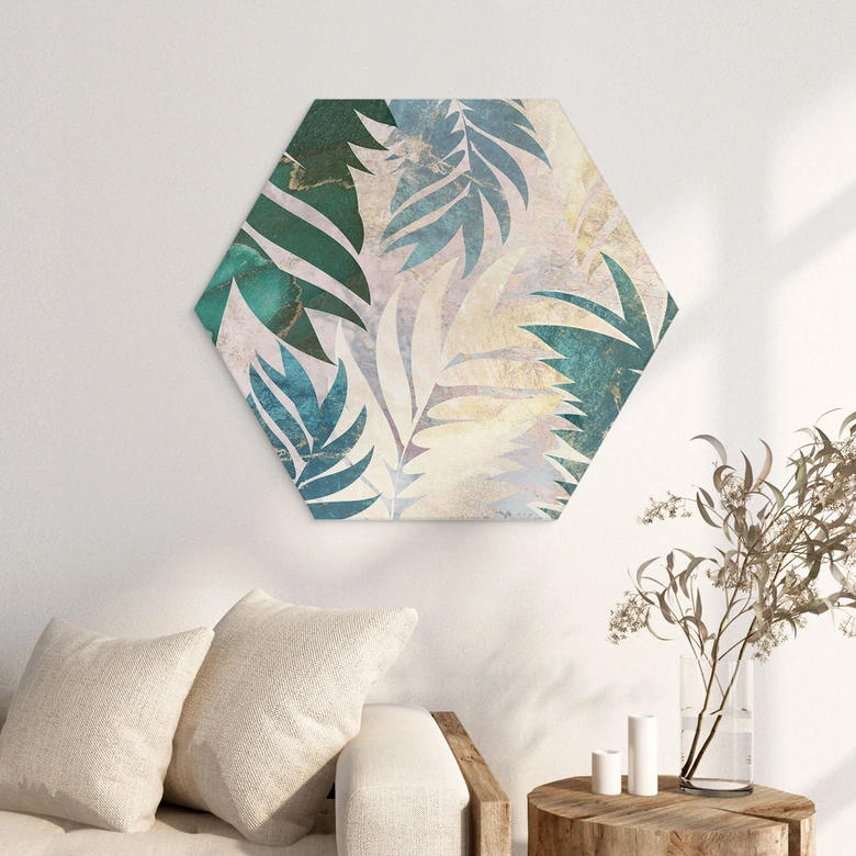 Hexagon Wandbild Exotische Palmenblätter in Gold-grün - Manovski - Alu-Dibond 