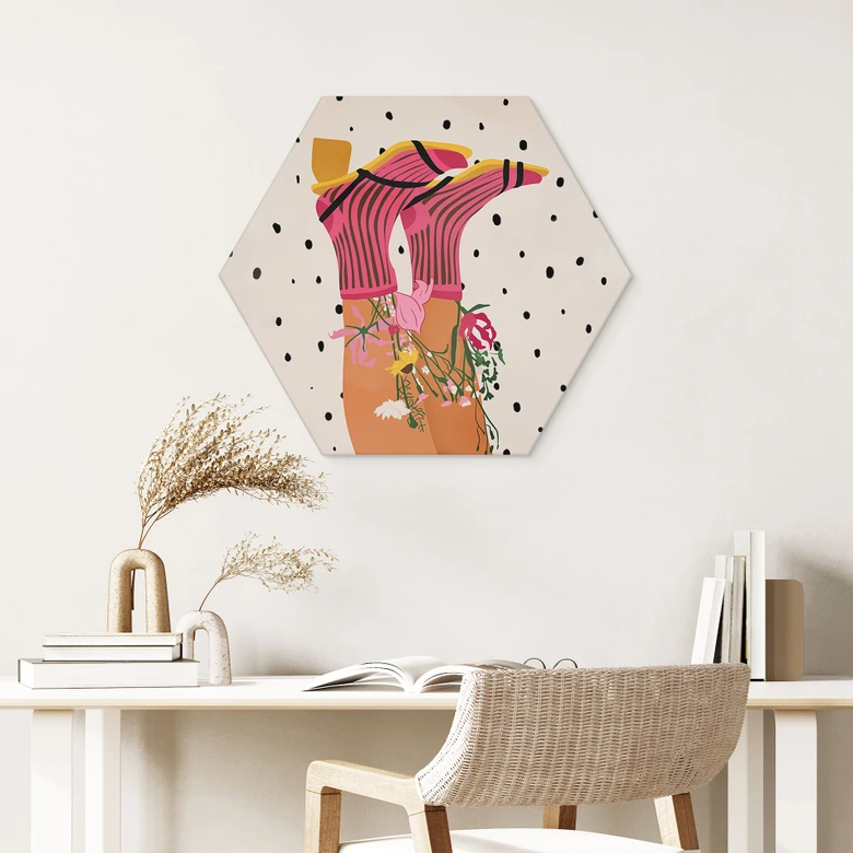 Hexagon Wandbild Sockenliebe trifft Flower Power - Mokate - Alu-Dibond 