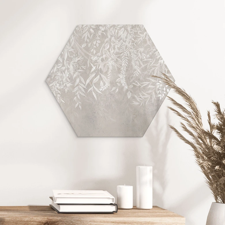 Hexagon Wandbild Elegante Weidenzweige in Beige - Ms Tiff - Alu-Dibond 