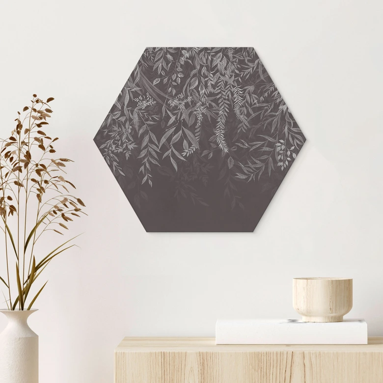 Hexagon Wandbild Elegante Weidenzweige in Dunkelgrau - Ms Tiff - Alu-Dibond 