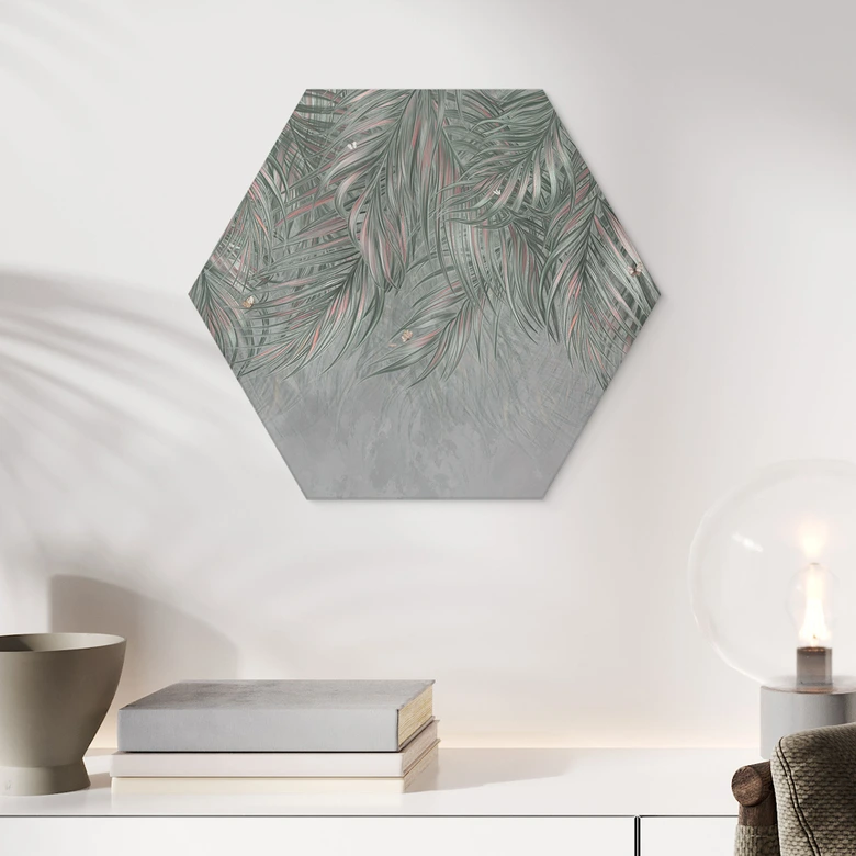 Hexagon Wandbild Exotische Palmenblätter Pink-grün - Ms Tiff - Alu-Dibond 