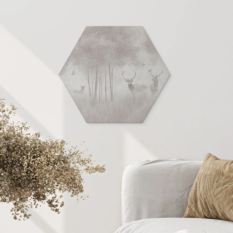 Hexagon Wandbild Hirsche im Nebelwald - Ms Tiff - Alu-Dibond 
