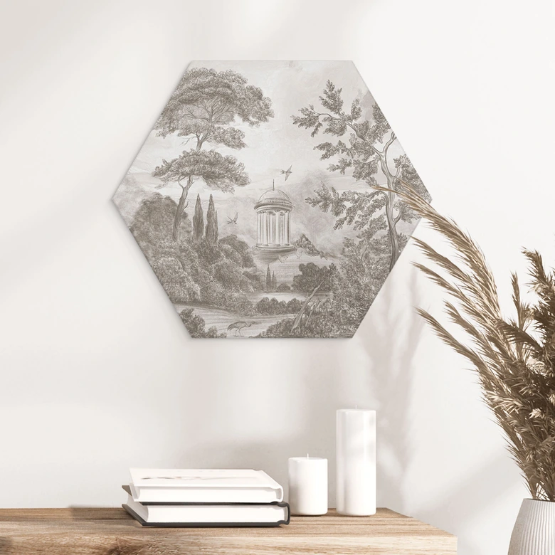 Hexagon Wandbild Landschaft mit Gartenlandschaft in Beige - Ms Tiff - Alu-Dibond 