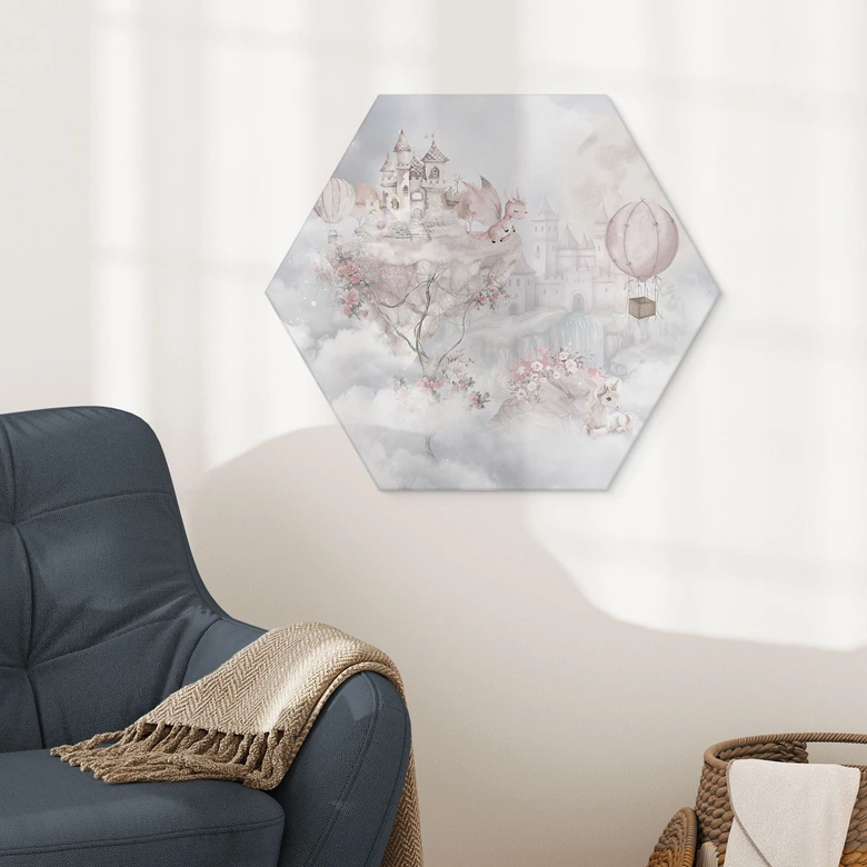 Hexagon Wandbild Märchenwelt mit Schloss und Einhorn - Ms Tiff - Alu-Dibond 
