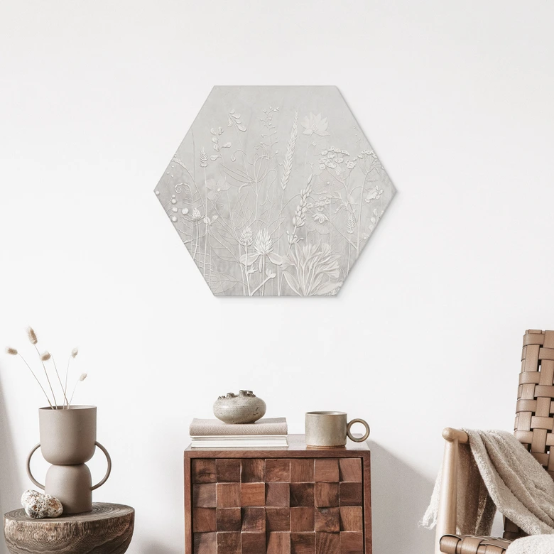 Hexagon Wandbild Pflanzen in Weiß im modernen Design - Ms Tiff - Alu-Dibond 