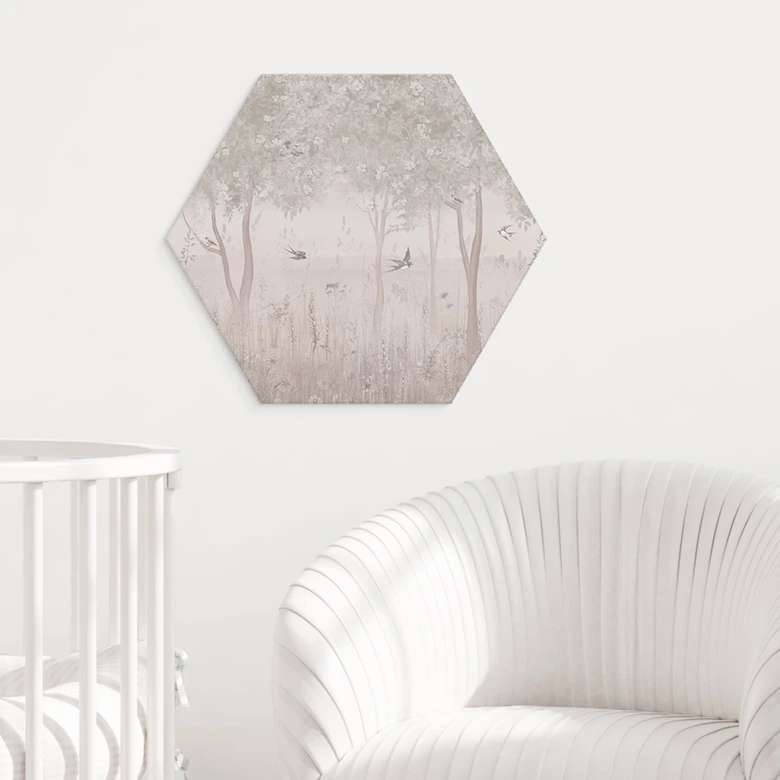 Hexagon Wandbild Sommerliche Schwalben im Blütenwald - Ms Tiff - Alu-Dibond 