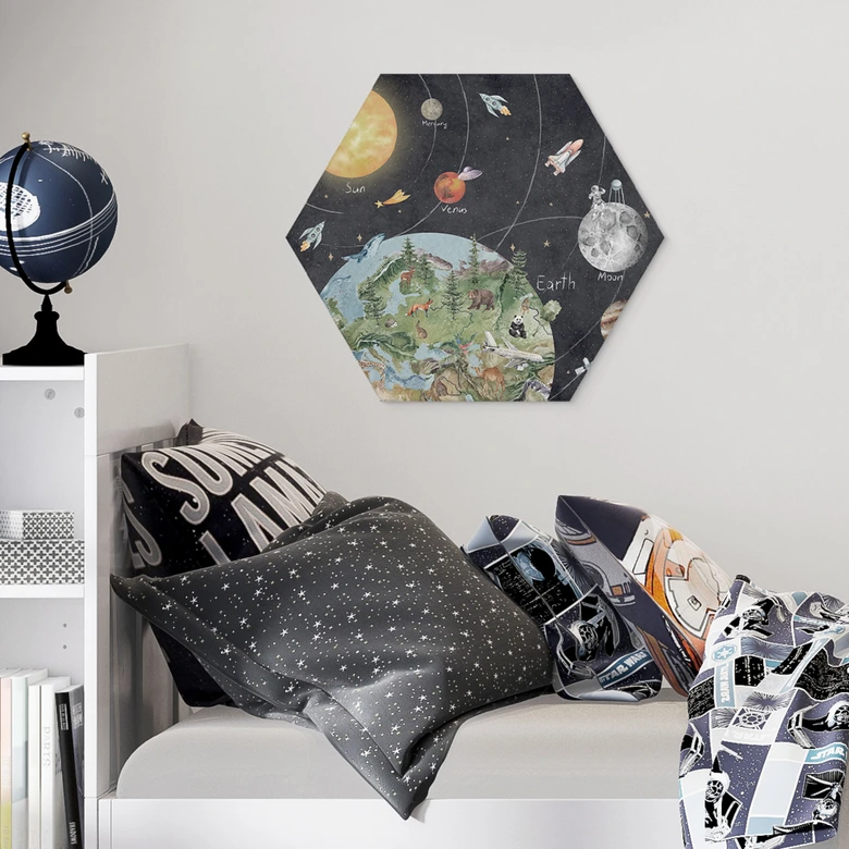 Hexagon Wandbild Sonnensystem mit Planeten und Erde - Ms Tiff - Alu-Dibond 