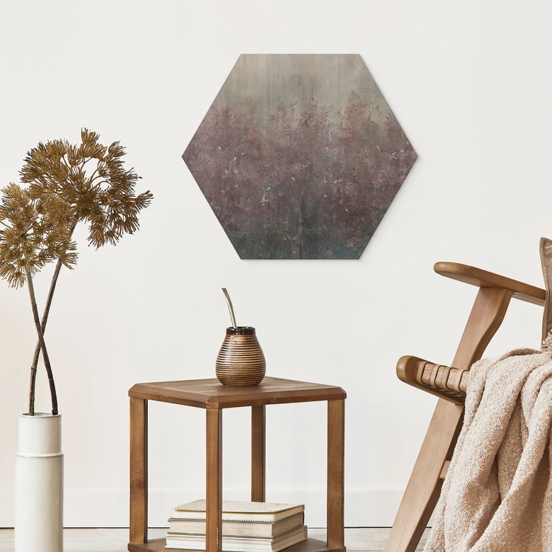 Hexagon Wandbild Wald in warmen Herbsttönen - Ms Tiff -  Alu-Dibond 