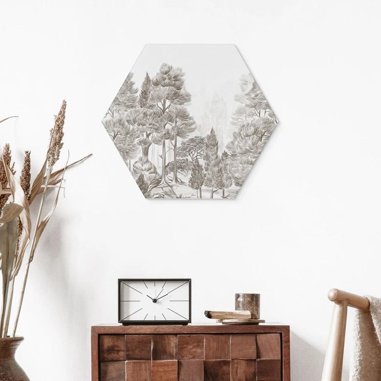 Hexagon Wandbild Wald mit Waldlandschaft in Beige - Ms Tiff - Alu-Dibond 