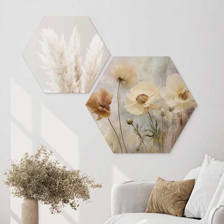 Hexagon Wandbild Blumenpracht in warmen Pastelltönen - Paksoylu - Alu-Dibond 