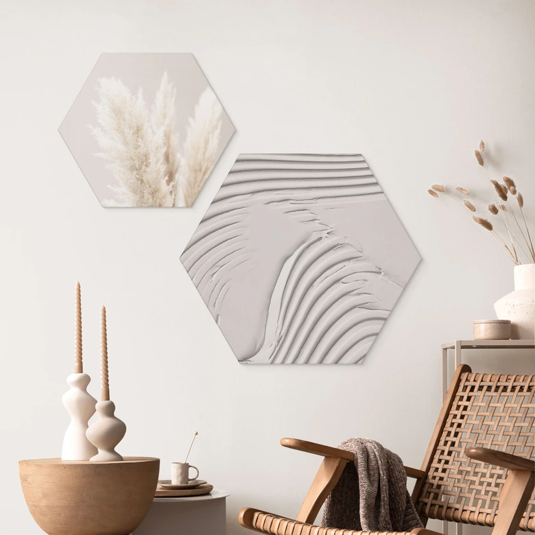 Hexagon Wandbild Sanfte Strukturen in Beige - Pictufy Studio - Alu-Dibond 