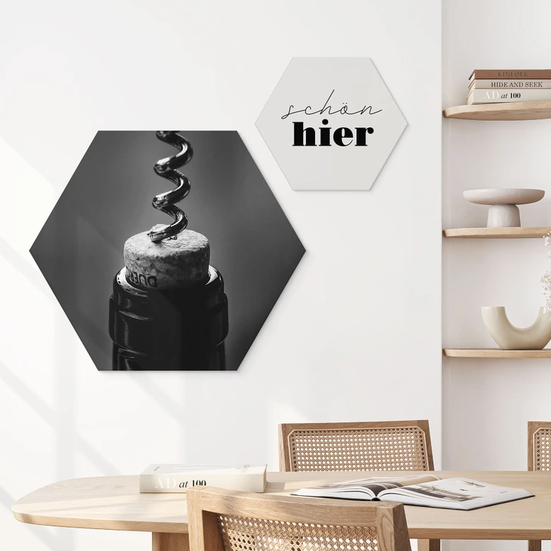 Hexagon Wandbild Wein mit Korkenzieher - Pictufy Studio - Alu-Dibond 