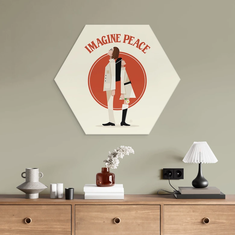 Hexagon Wandbild Imagine Peace - Zwei für Frieden und Hoffnung - Retrodrome - Alu-Dibond 