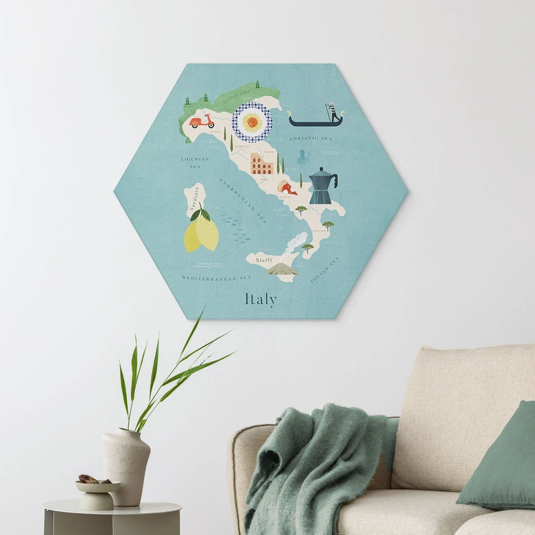 Hexagon Dibond Kaart van Italië - Rivers 