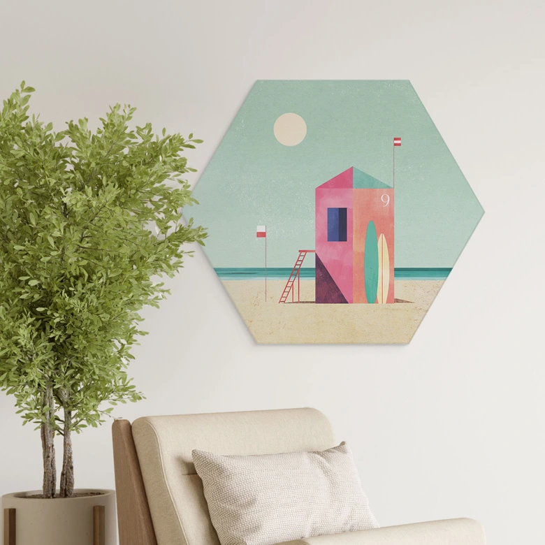 Hexagon Dibond Reddingsboothuis op het strand - Rivers 