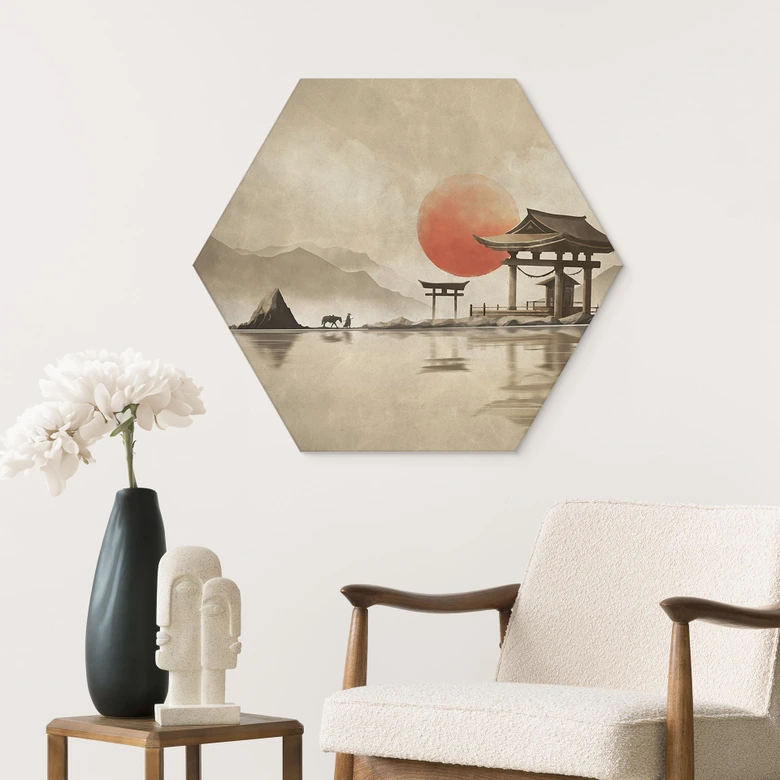 Hexagon Wandbild Japanischer Tempel im Sonnenaufgang - Roze - Alu-Dibond 