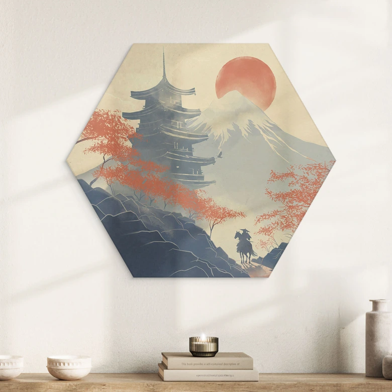 Hexagon Wandbild Sonnenaufgang über der Pagode - Roze - Alu-Dibond 