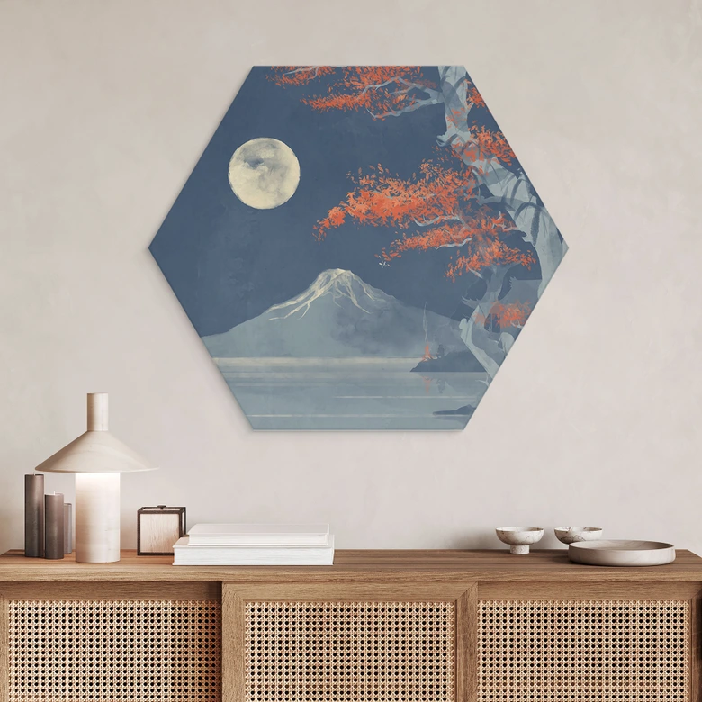 Hexagon Wandbild Vollmond über dem Gipfel des Fuji-san - Roze - Alu-Dibond 